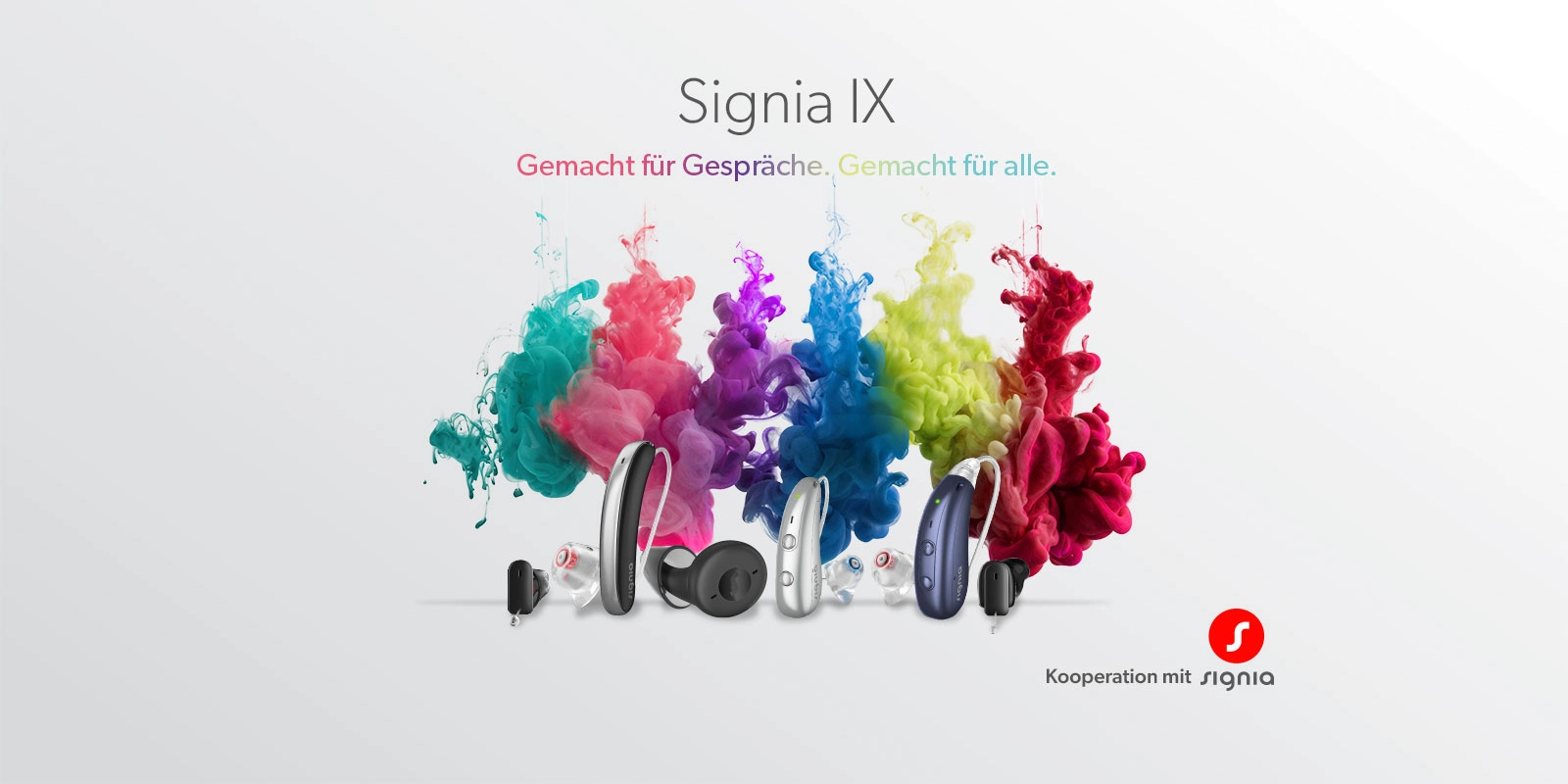 Signia IX Hörgeräte in mehreren Farben vor bunten Farbwolken, Werbung